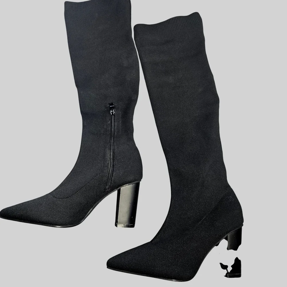 CUCCOO Black Knit Over The Knee‎ Sock Boots Pointed Toe Block Heel Womens Size 9